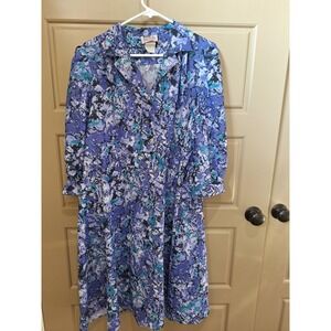 LOOK Women's Vintage Abstract Floral Print Button Down Shirt Dress Blue 10W